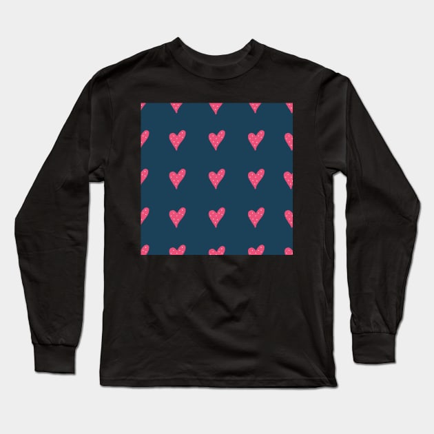 Pink Heart Pattern on Blue Long Sleeve T-Shirt by OneLook